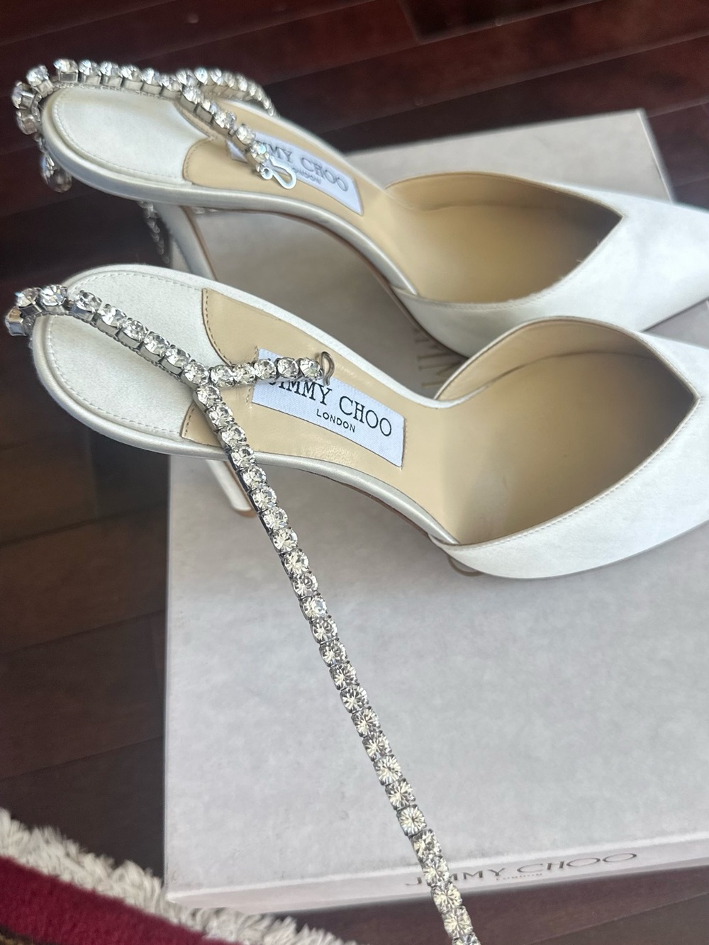 Jimmy Choo Ivory Satin Pumps with Crystal Embellishment
